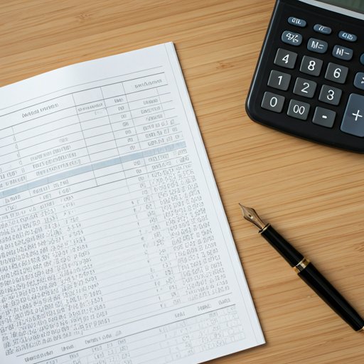 Modern accounting tools flat lay featuring a calculator, ledger, and fountain pen